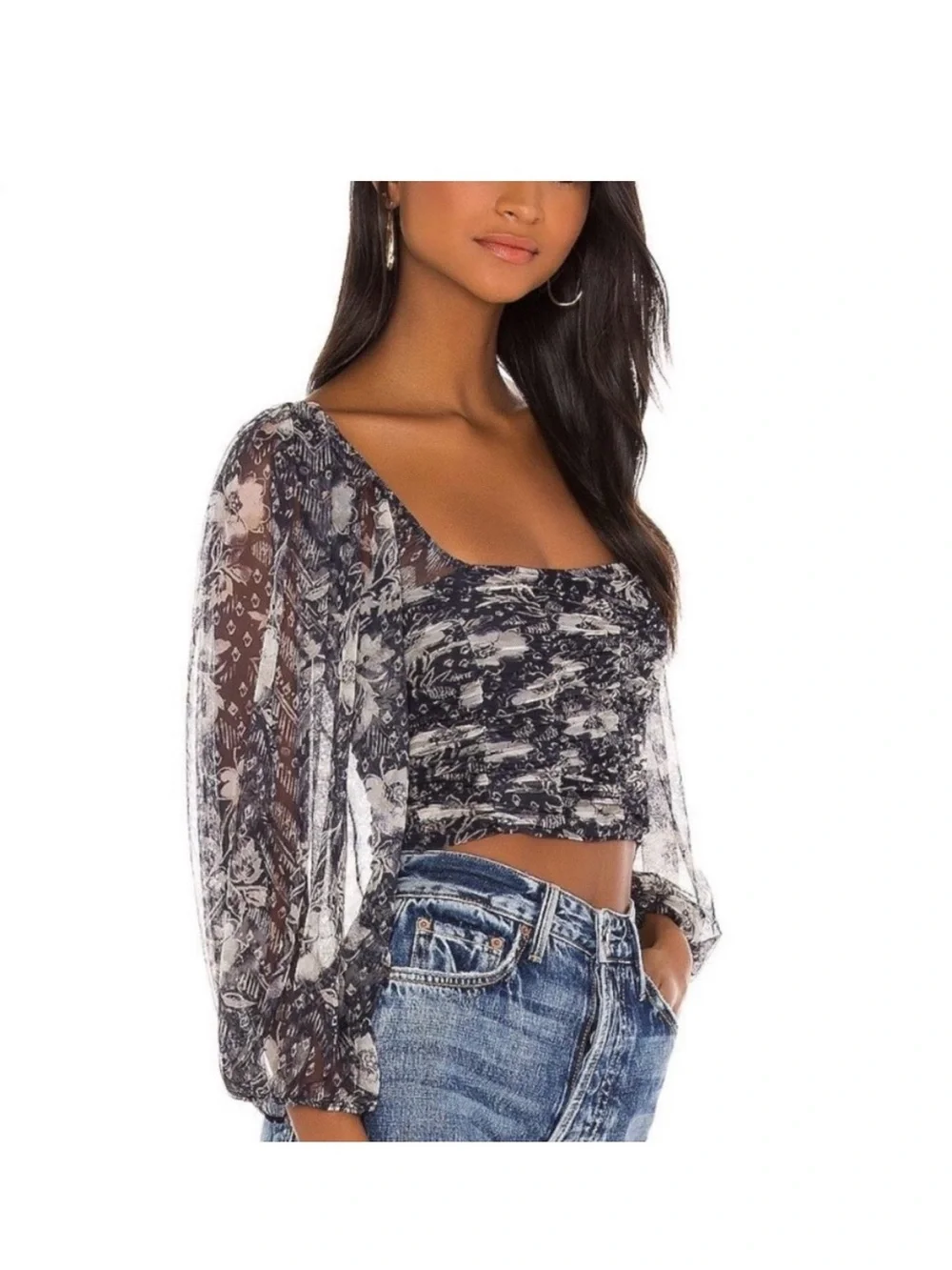 Free people NWT Lilia crop long sleeve top size xs. Navy. Sheer sleeves.